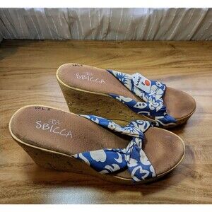 Sbicca Hibiscus Flower Print Platform Wedge Y2K Beach Strappy Sandal SZ 8 (R09)